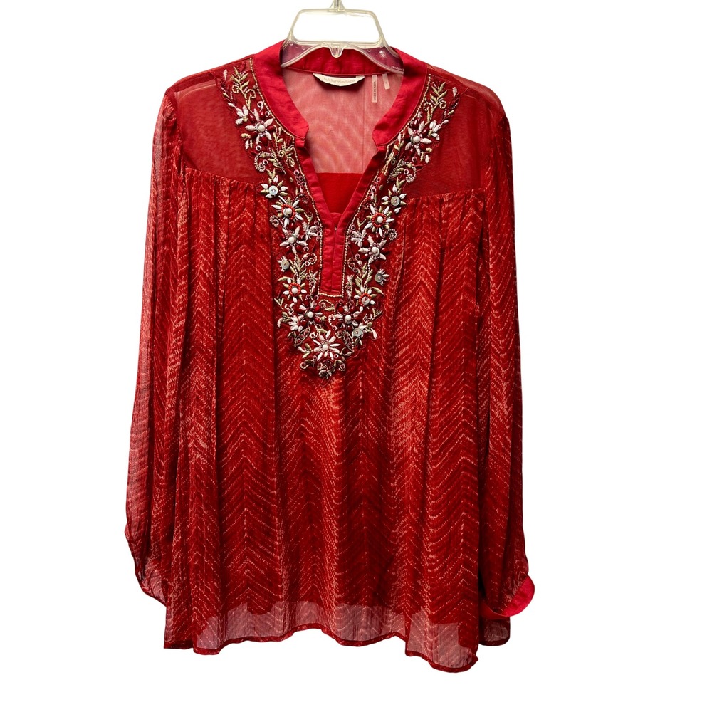 Soft Surroundings Tunic Top L Red Embroidered Beaded Peasant Festival Artisan